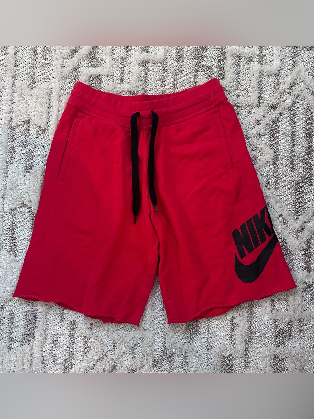 Nike Men's Red Athletic Shorts with Black Logo